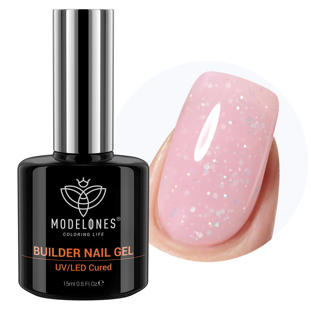 modelones Builder Nail Gel, 8-in-One Nude Pink Glitter Builder, Rainbow Iridescent Shimmer Nail Gel