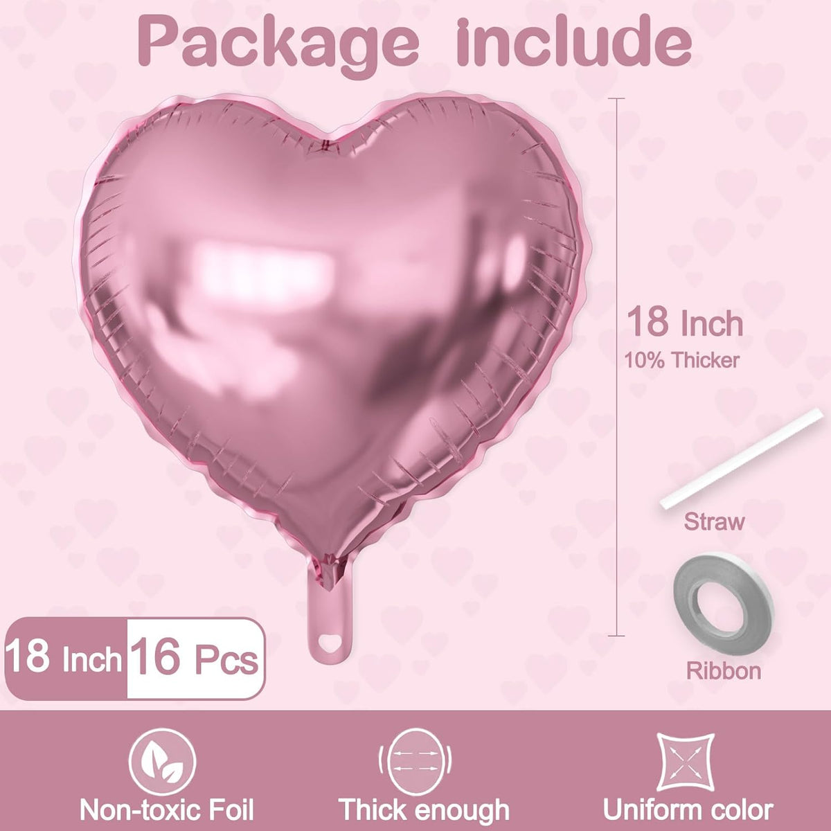 16 Pcs Heart Balloons, 18 Inch Pink Love Heart Shaped Foil Balloons for Wedding Anniversary