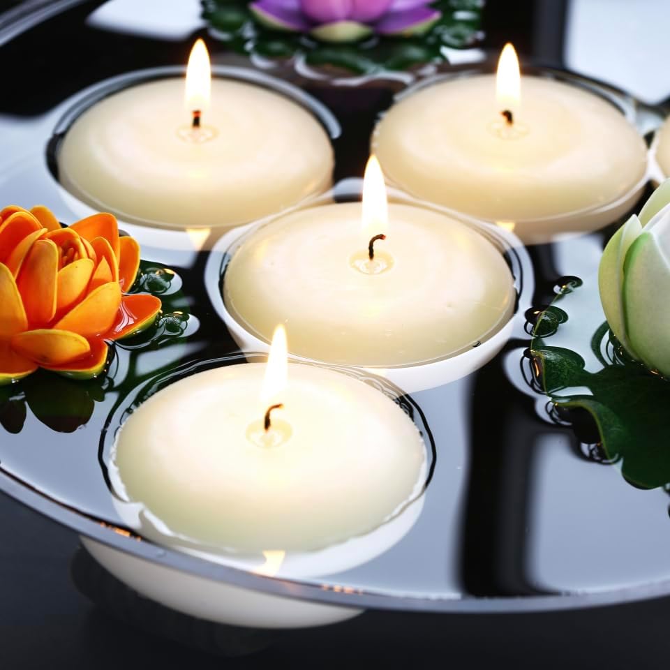 24 Pack Floating Candles, 3” Ivory Unscented Dripless Wax Burning Candles, for Weddings, Party