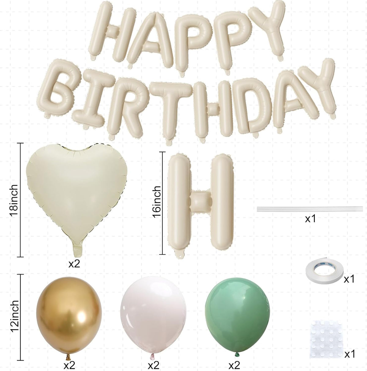Happy Birthday Balloon Banner Cream Green, 16 Inch Beige Mylar Letters Heart Foil Balloons Sage