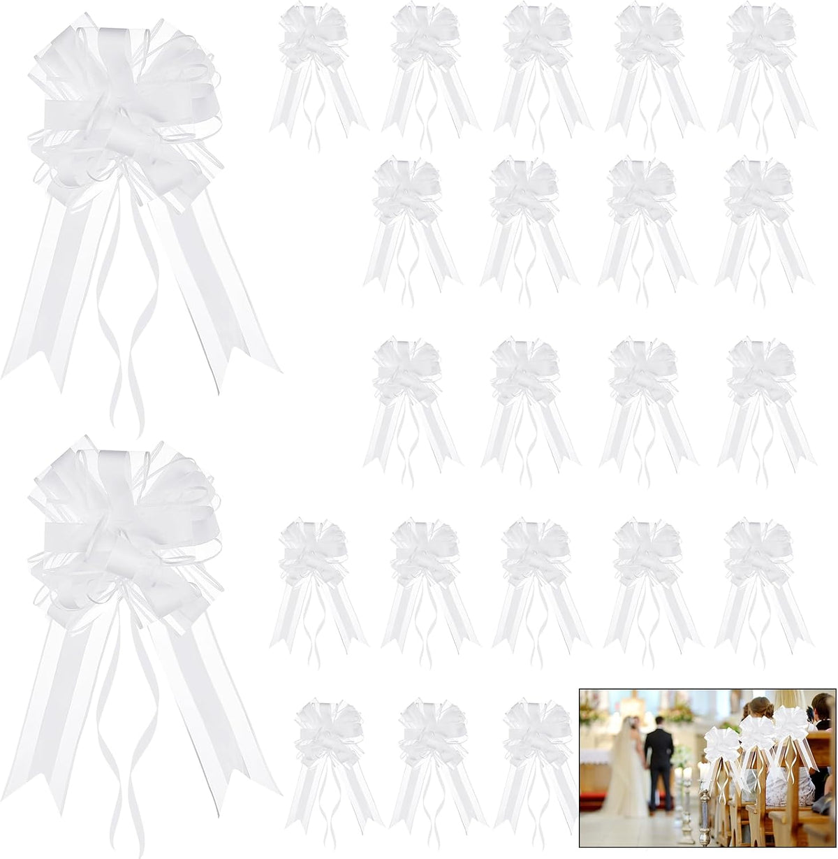 Riceshoot 24 Pcs Wedding Pew Bows with Yarn, Wedding Aisle Decorations for Church Chair Bench, Big