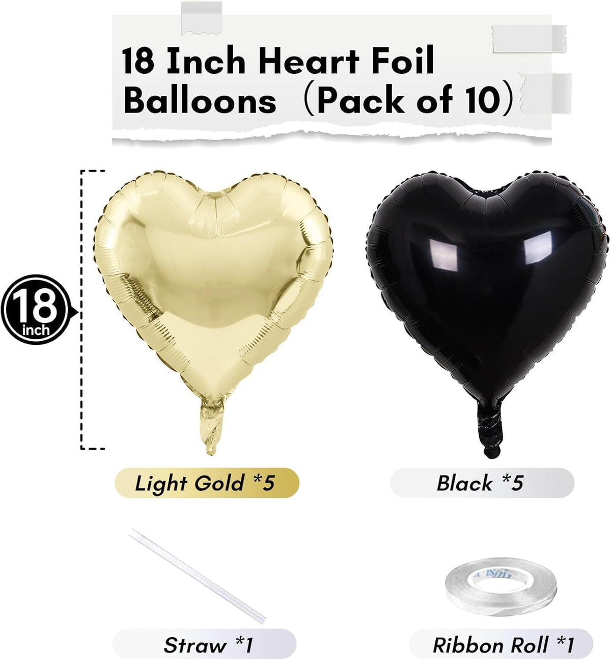Black Gold Foil Heart Balloons, 18 Inch 10 Pcs Light Gold and Black Heart Shape Mylar Balloons