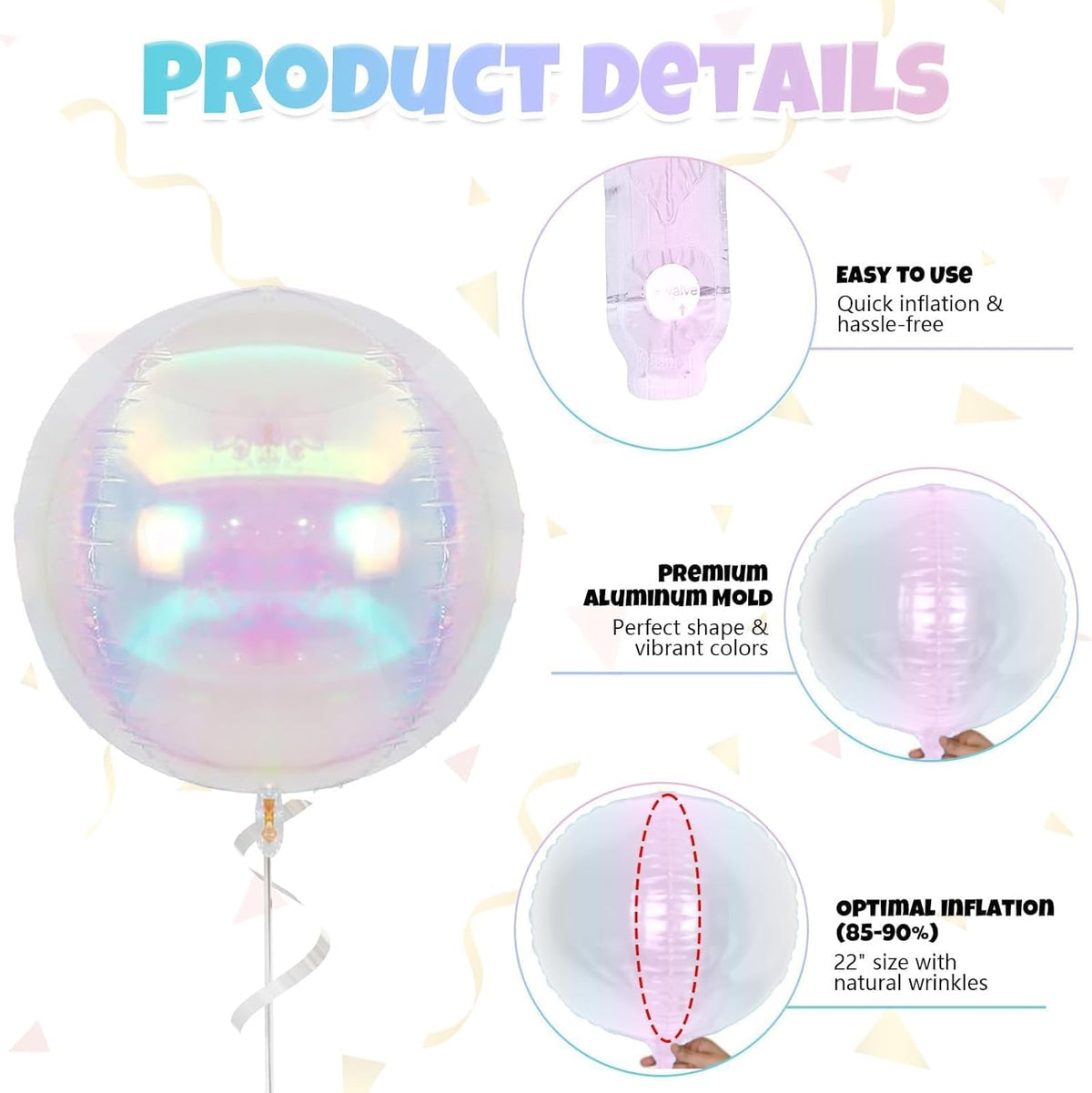 Giant 4D Foil Balloons, 6Pcs Large Metallic Iridescent Round Balloons, 22 Inch Big Round Foil