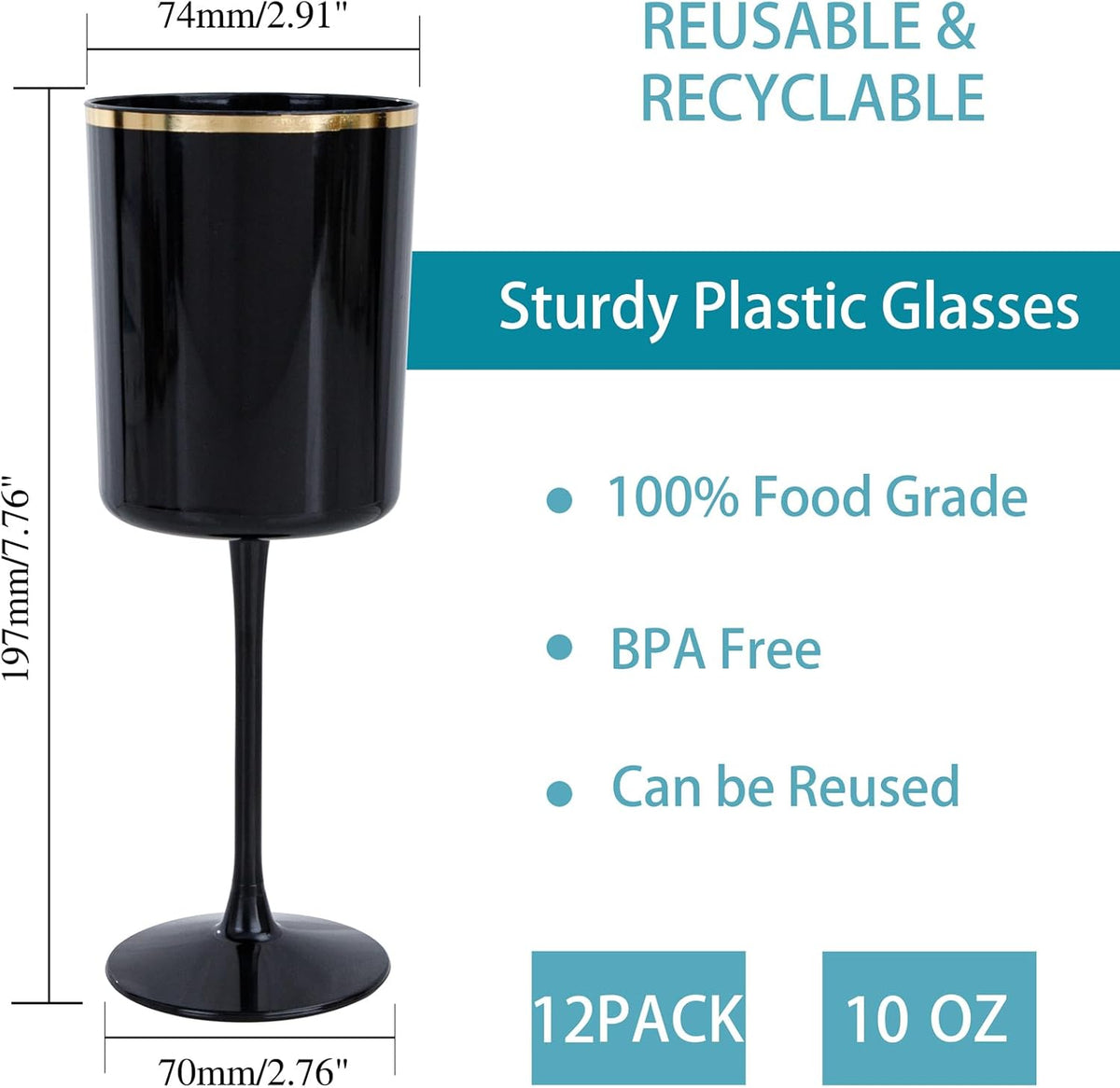 Ciaell 12 Pack 10 OZ Black Plastic Wine Glasses with Stem - Black and Gold Disposable Wine Glasses