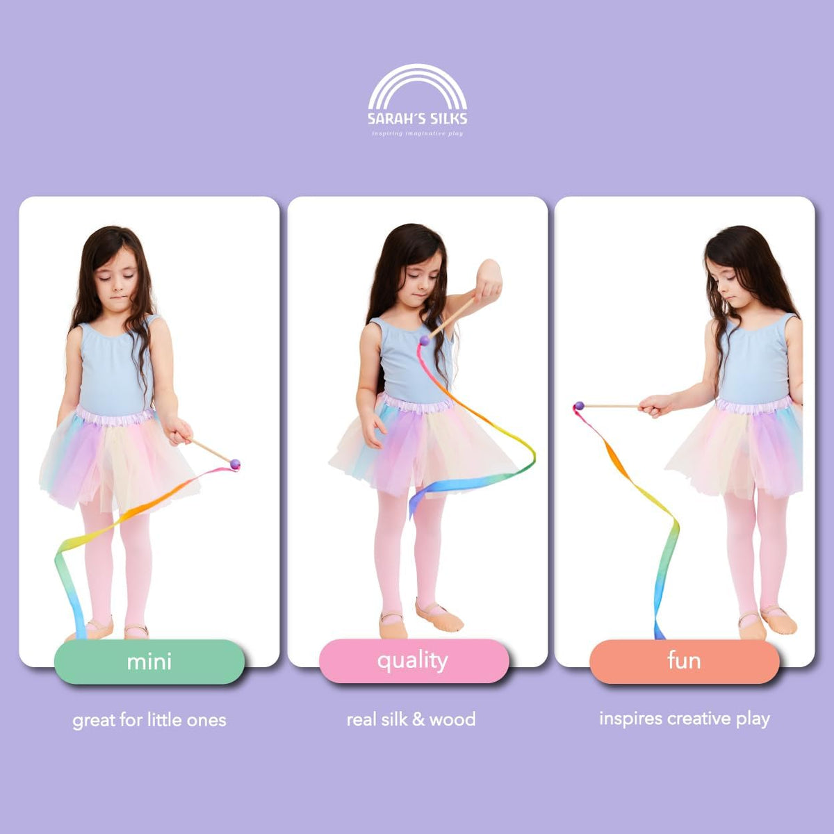 Sarah's Silks Mini Rainbow Streamer - Long Ribbon Wand for Kids, Pretend Play, Dance, Baton Stick
