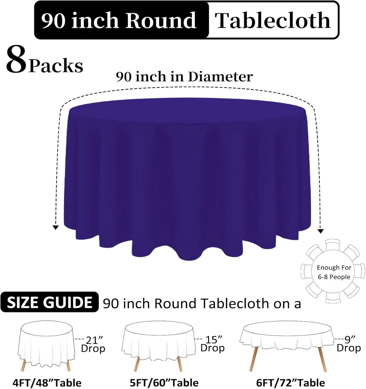 8 Pack Purple Round Tablecloth 90 Inch Stain and Wrinkle Resistant Round Purple Table Cloth