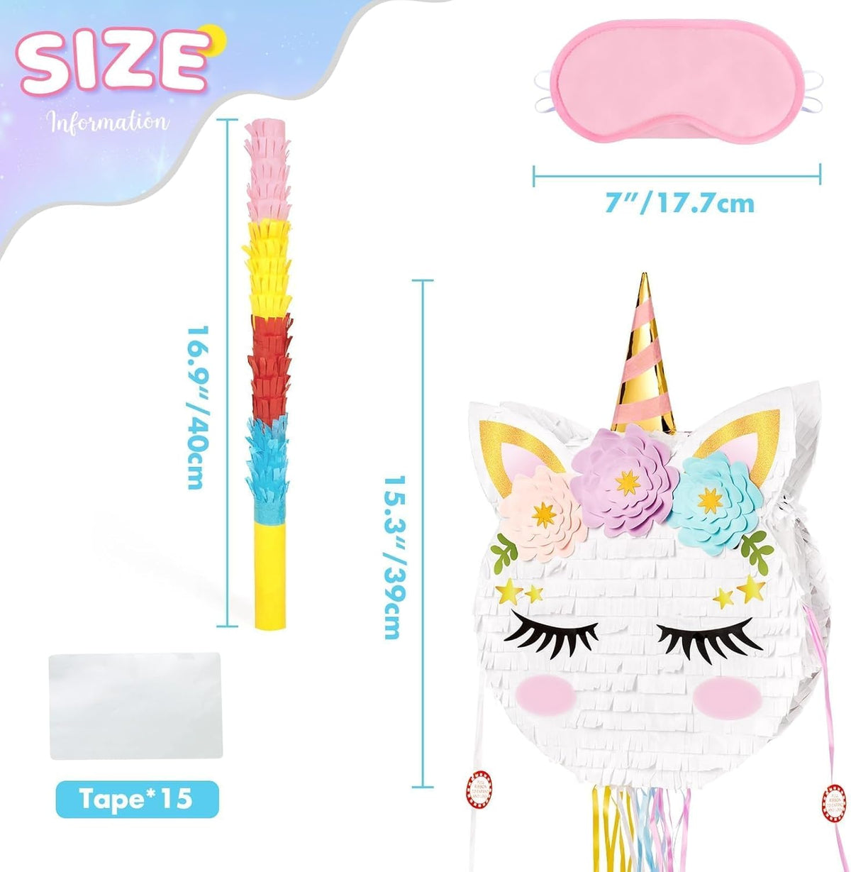 Foldable Unicorn Piñata - Unicorn Birthday Party Supplies Extendable Piñata with Blindfold Bat and