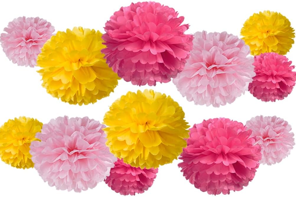 Hot Pink Yellow and Pink Tissue Paper Pom Poms Flower for Baby Shower Spring Summer Birthday