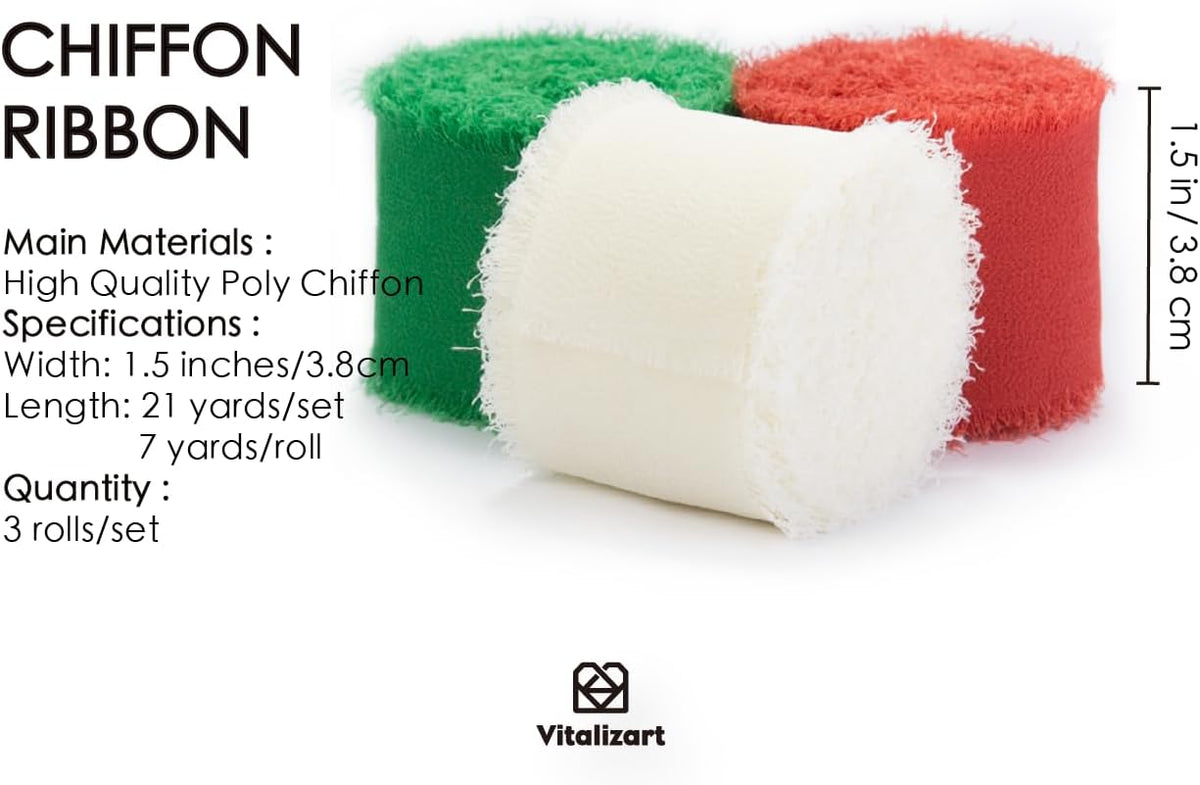 Vitalizart Christmas Handmade Chiffon Silk Ribbon Fringe 1.5" x 21 Yd Frayed Edges Ribbons for