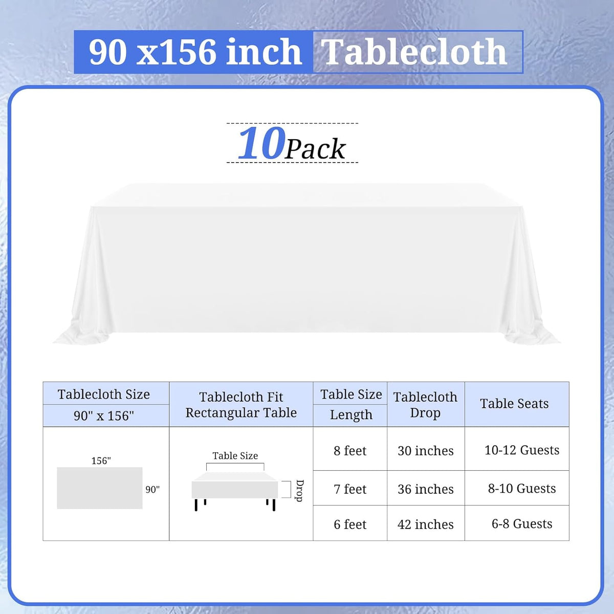 10 Pack Polyester Tablecloths, White 90 x 156 Inch Polyester Table Cloth for 8 Foot Rectangle