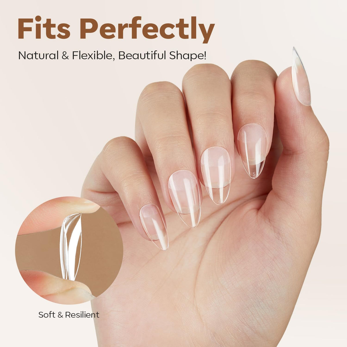 modelones Short Almond Nail Tips, Pre-shaped Soft Gel Tips Fake Nails False Acrylic Clear Full