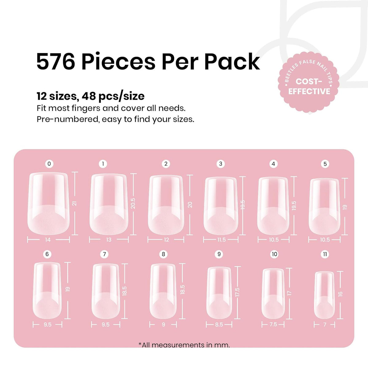 Beetles Gel Nail Tips Etch-X, Square Short, 576Pcs 12 Sizes, Pre-Shaped Half Matte Full Cover Soft