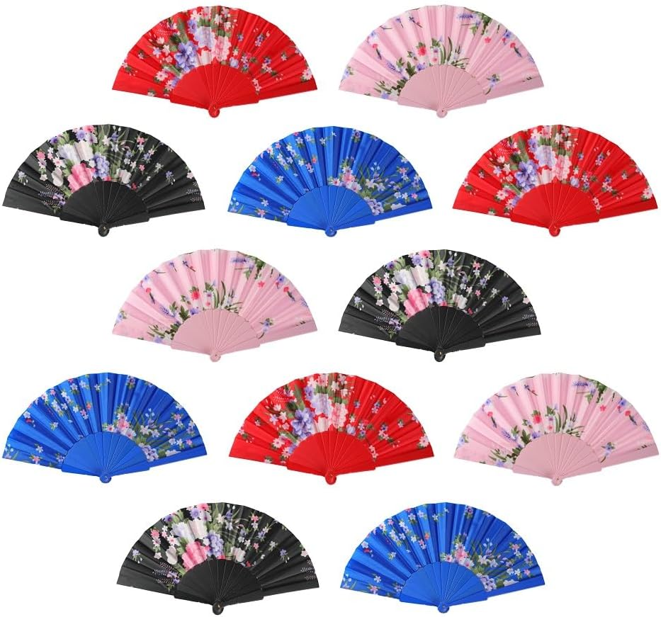 HUNANBANG 1 Dozen Oriental Flowers Japanese Folding Hand Fans Spanish Church Wedding Vintage Gift