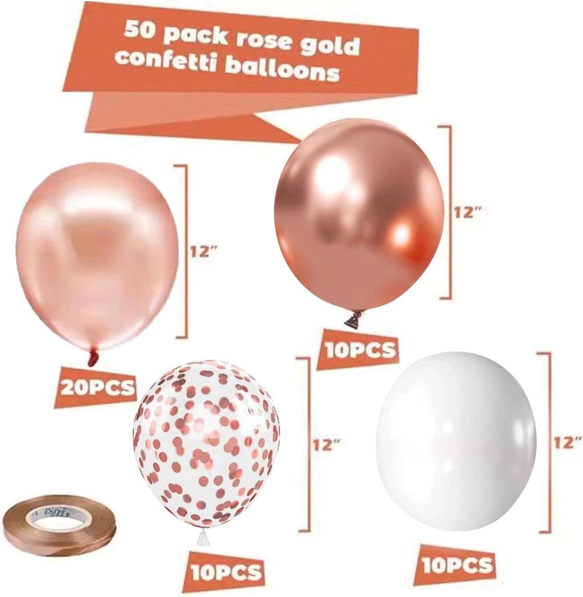 Rose Gold Confetti Balloons, 50pcs 12 Inch Metallic Confetti White and Rose Gold Latex Balloons
