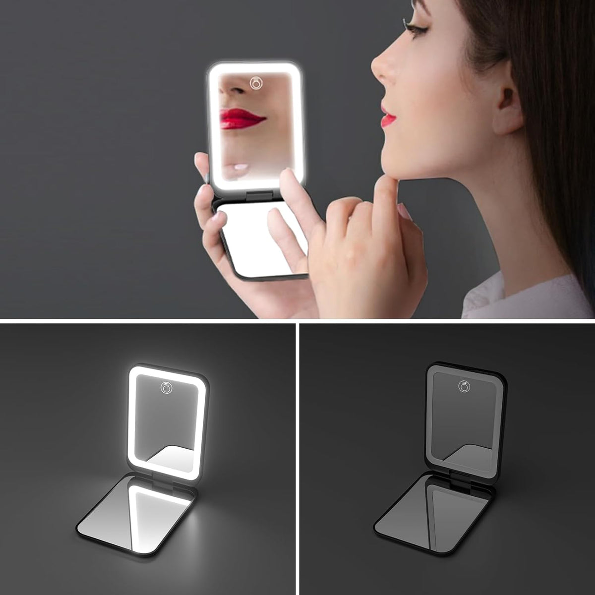 Kintion 2025 Pocket Mirror, Rechargeable Dimmable 3 Color Lighting 1X/3X LED Compact Travel Makeup