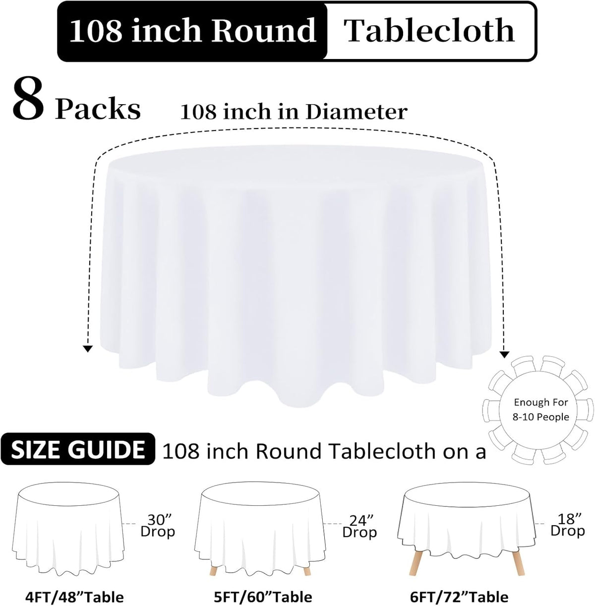 8 Pack White Round Tablecloth 108 Inch White Table Cloth Stain and Wrinkle Resistant Round White