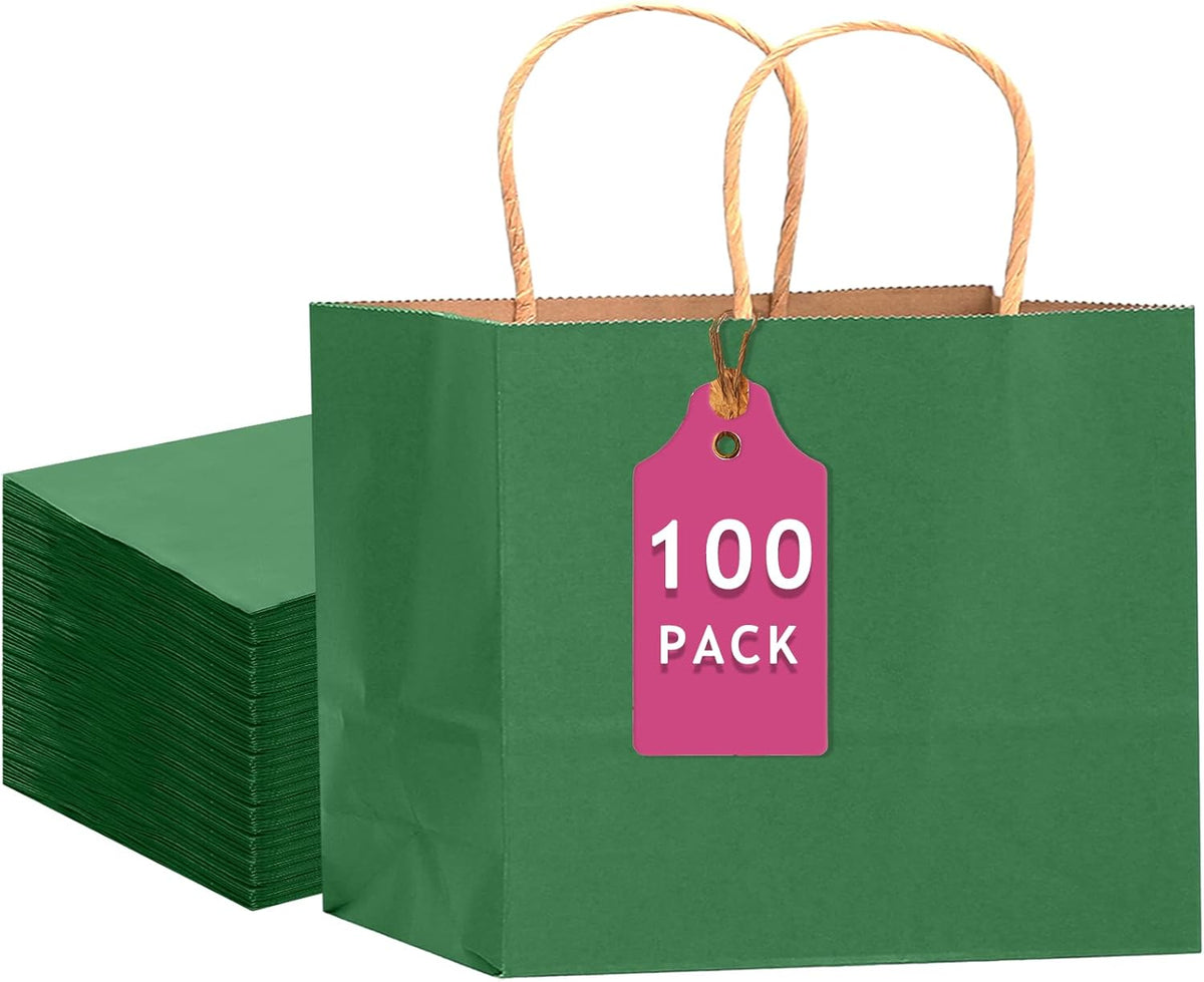 qiqee 100PCS Large Gift Bag with Handles Bulk 13"x4.5"x10" Gift Bags Kraft Deep Green Multiple Uses