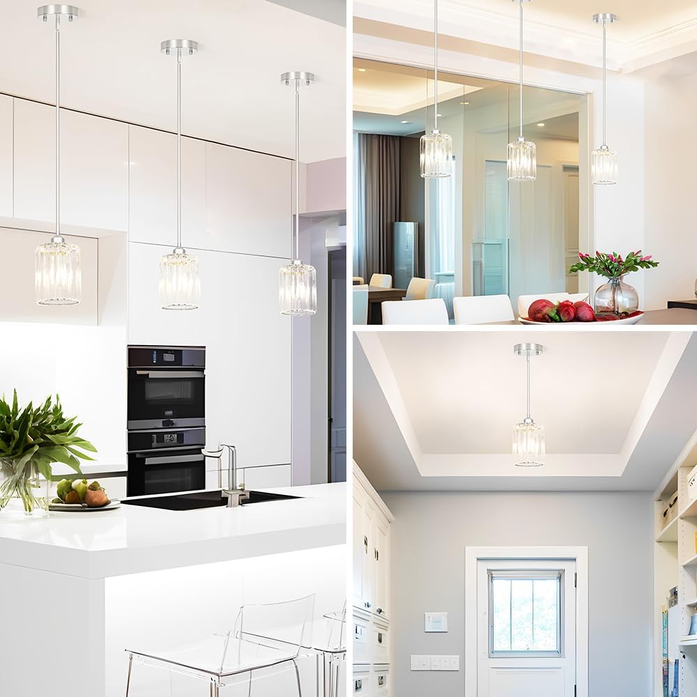 Chrome Kitchen Pendant Lights Over Island with Adjustable Rods - Crystal Pendant Lighting Fixtures