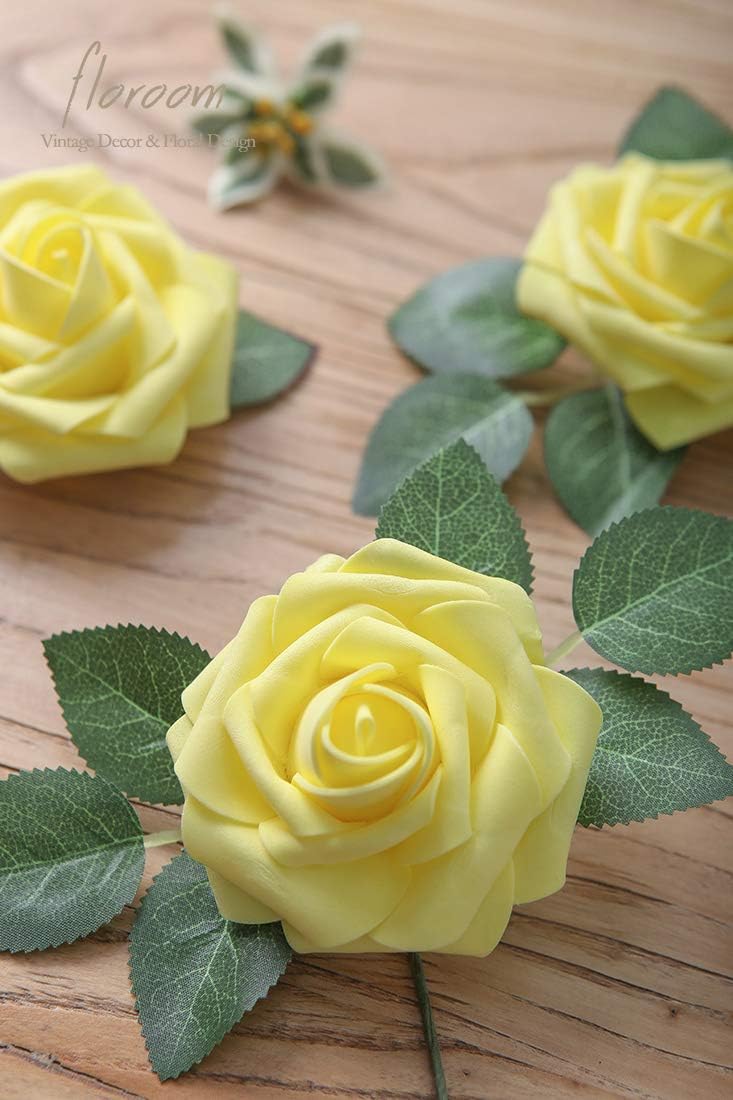 Floroom Artificial Flowers 25pcs Real Looking Canary Yellow Foam Fake Roses with Stems for DIY