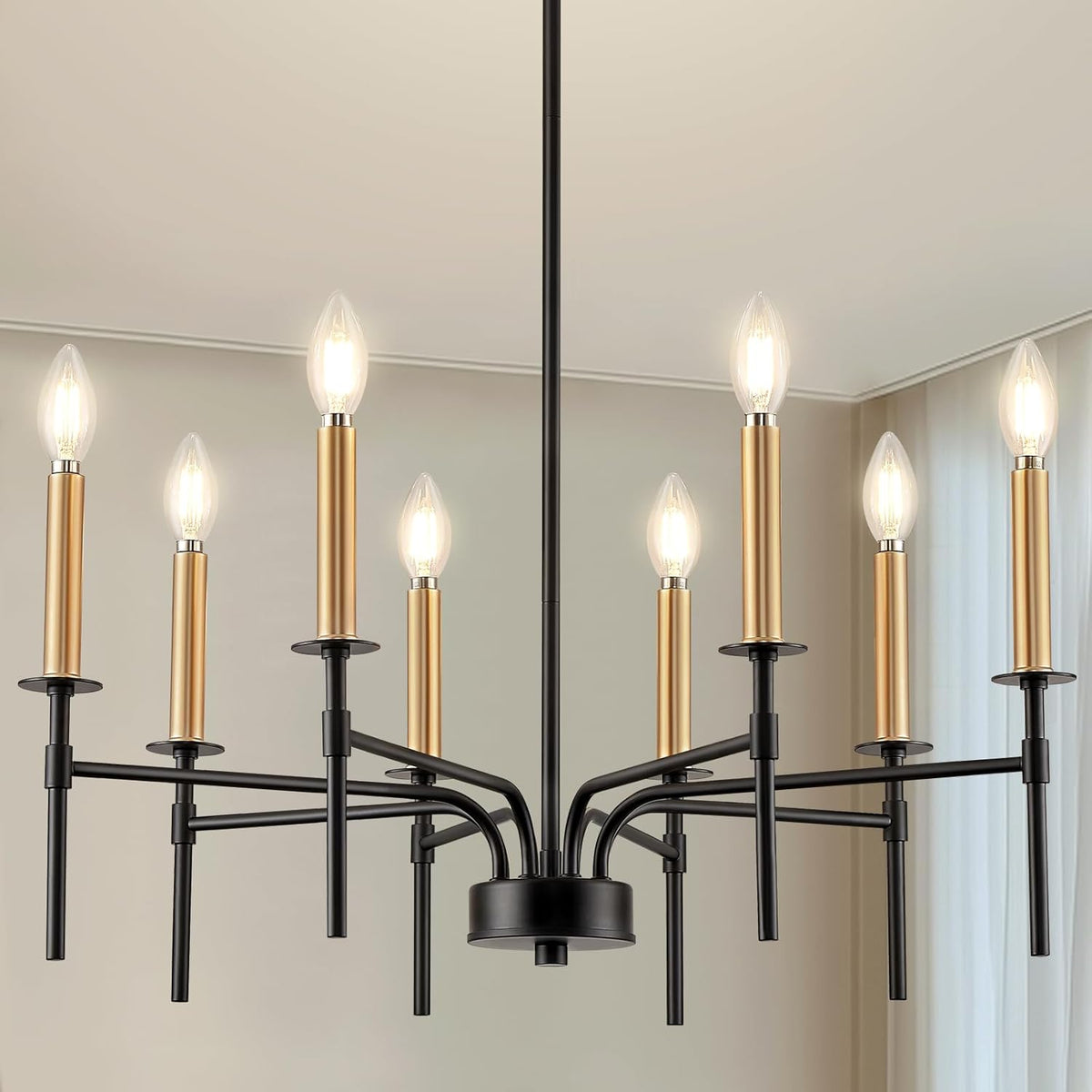 8 Light Modern Farmhouse Black and Gold Chandelier for Dining Room Over Table,Hanging Ceiling
