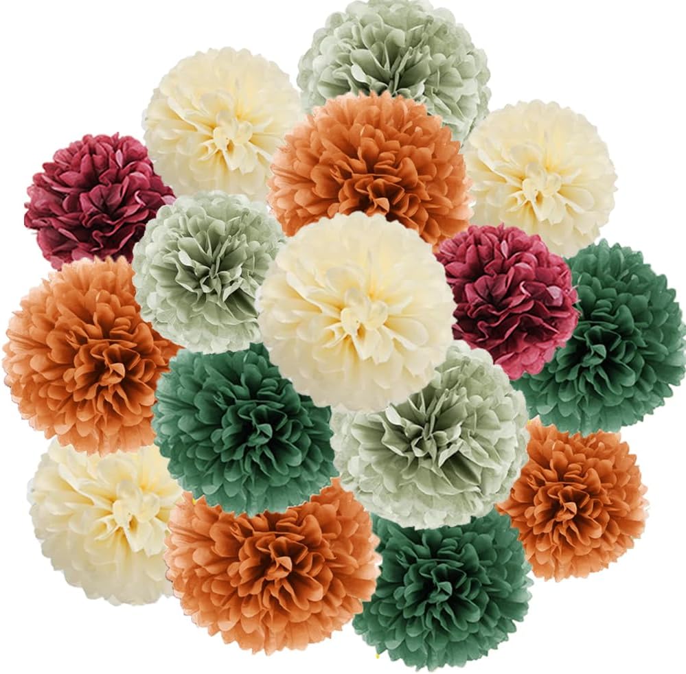 Fall Party Decorations 16pcs Orange Green Tissue Pom Pom Decorations Burgundy Sage Green Fall