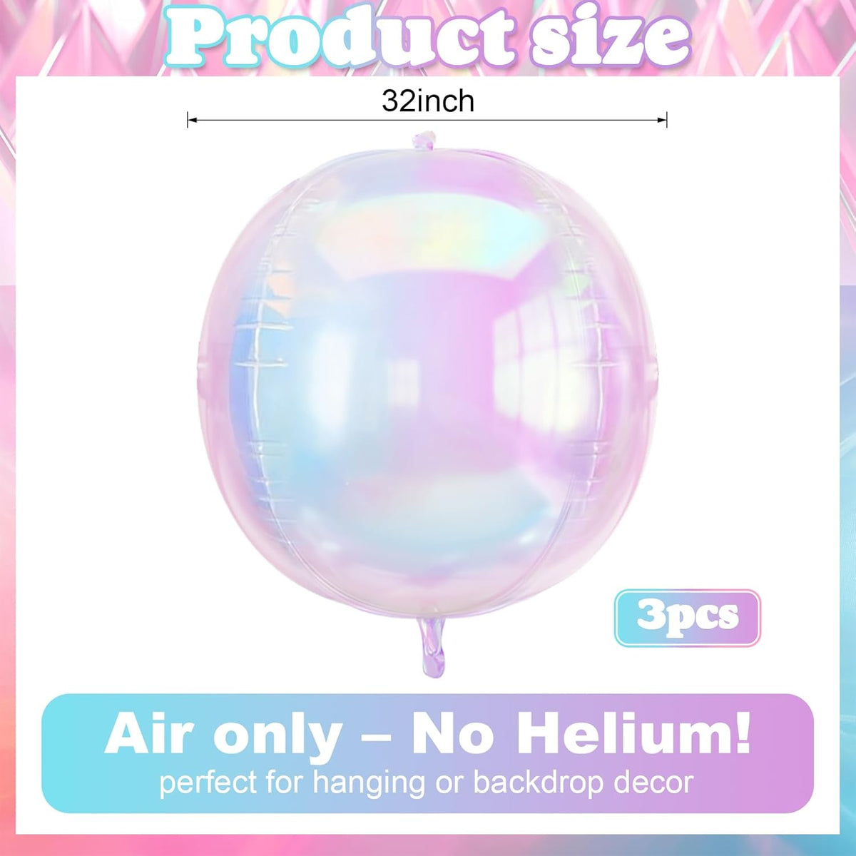 3Pcs Iridescent 4D Balloons, 32in Holographic Round Ball Balloon, Giant 4D Clear Rainbow Foil