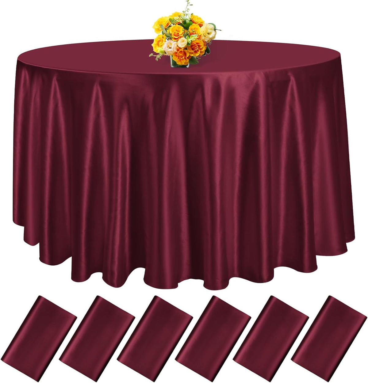 fani 6 Pack 120 Inch Burgundy Satin Tablecloth - Premium Bright Silky Round Tablecloth Overlay