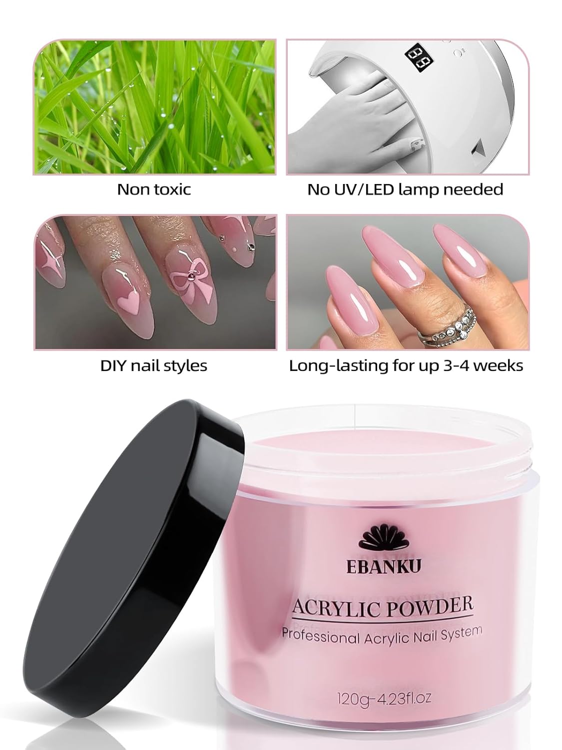 Pink Acrylic Powder, EBANKU 120g/4.23oz Cover Pink Nail Acrylic Powder Large Capacity Professional