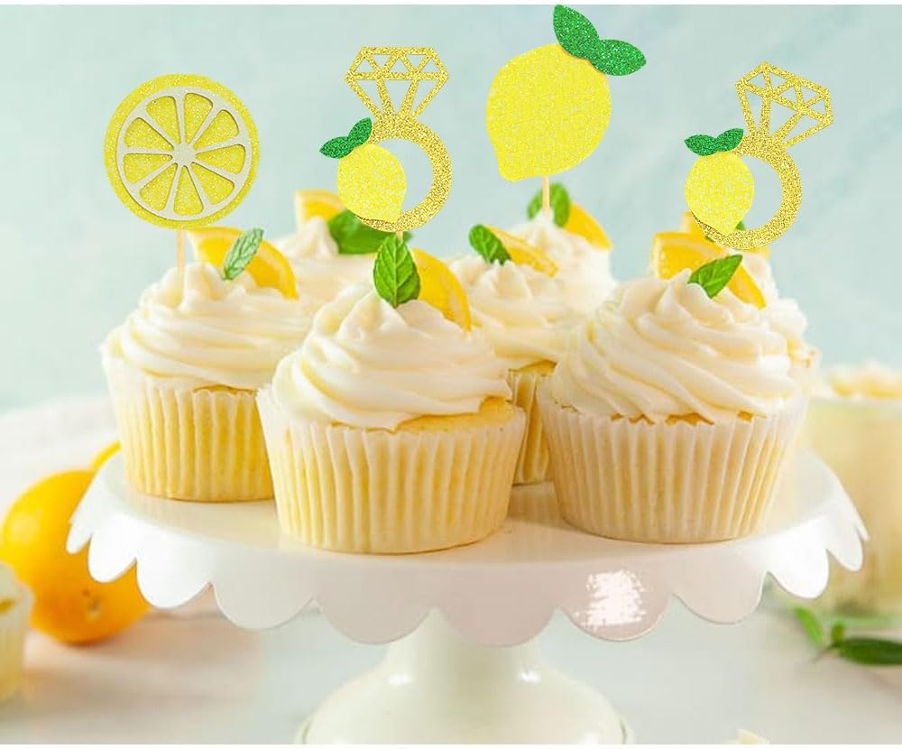 Glitter Lemon Cupcake Toppers Picks for Wedding Engagement Bridal Shower Bachelorette Party