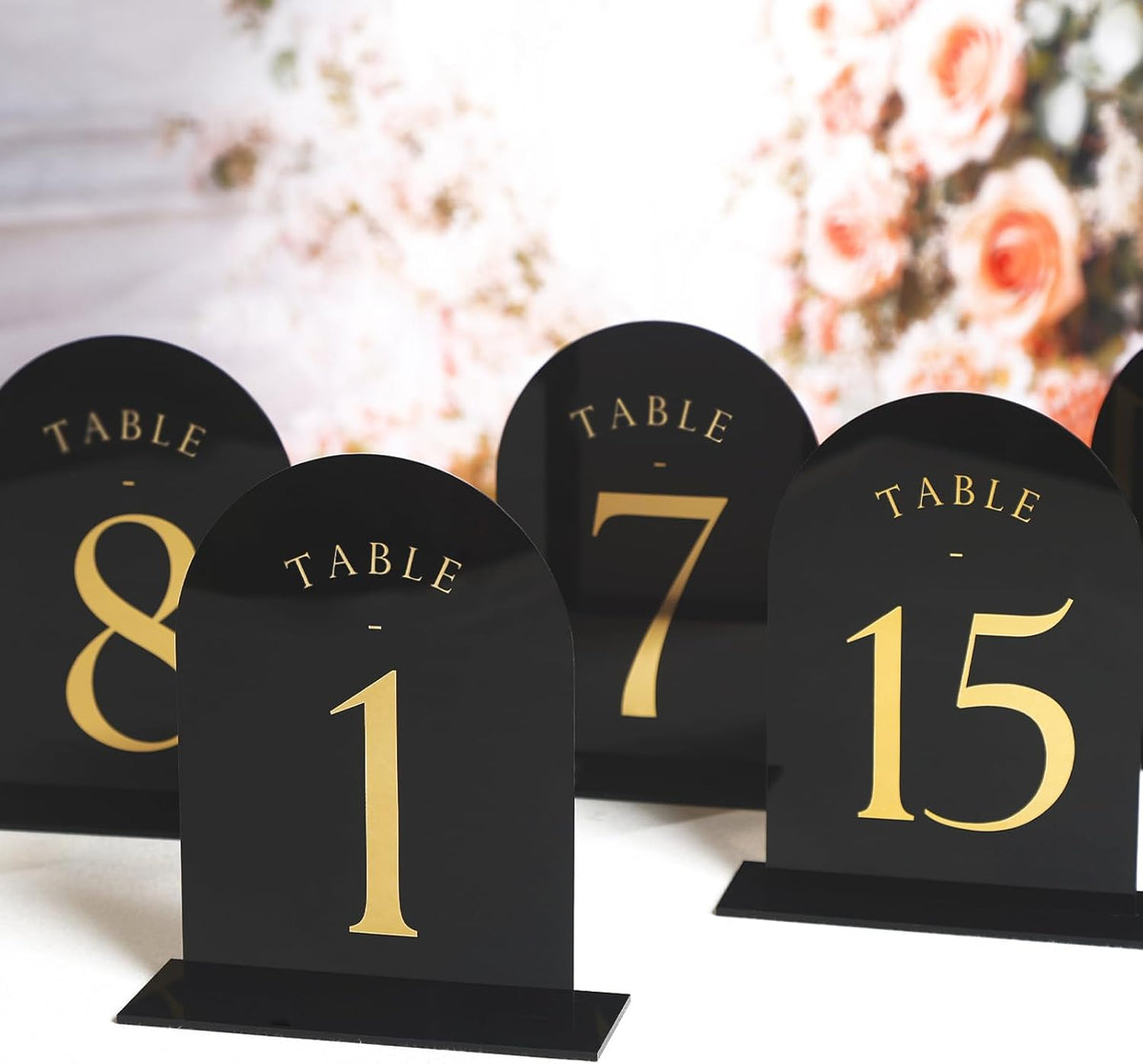 UNIQOOO Black Arch Wedding Table Numbers with Stands 1-20, Gold Foil Printed 5x7 Double Sided