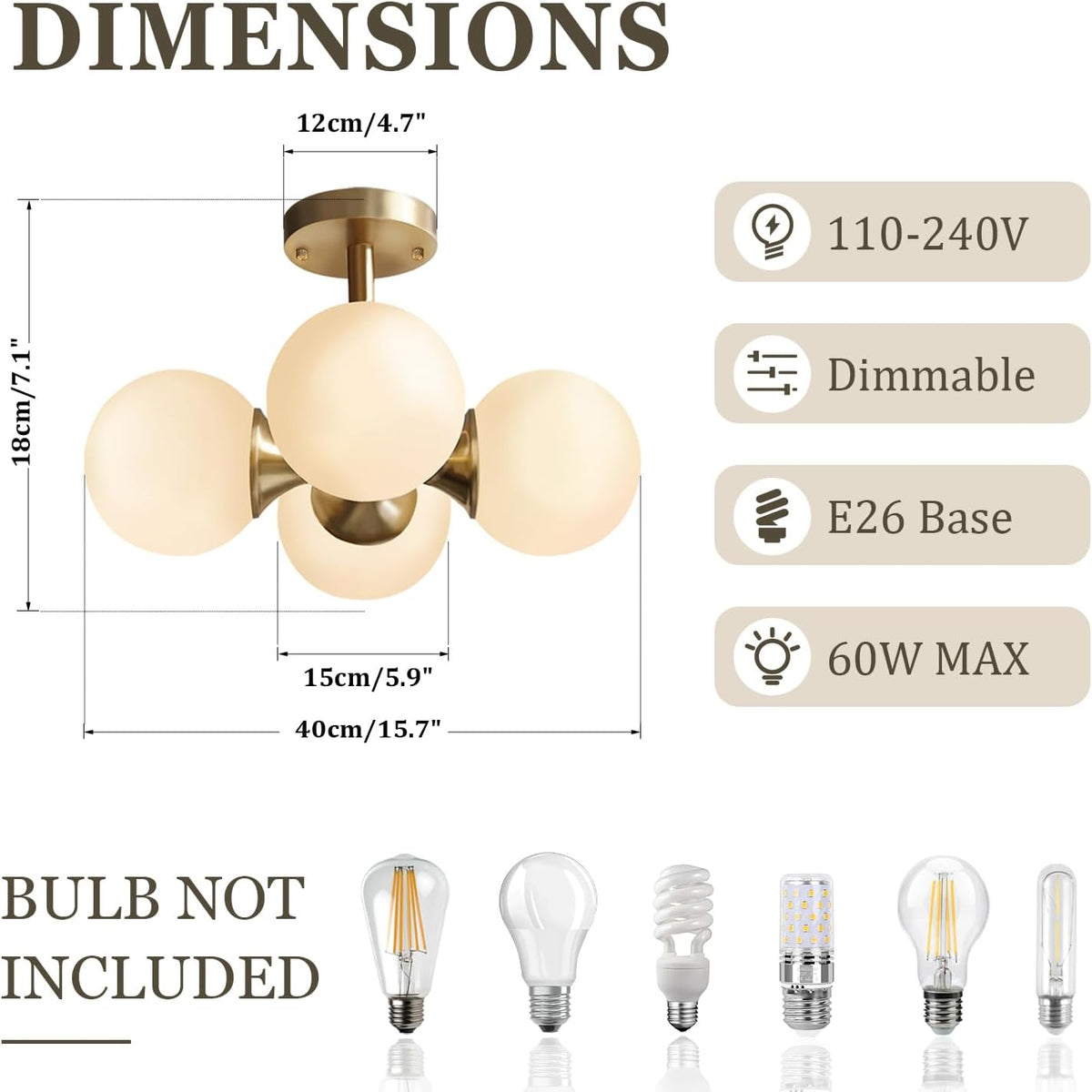 KCO Lighting Antique Brass 4-Light Ceiling Light Mid-Century Frosted Glass Globe Chandelier Modern