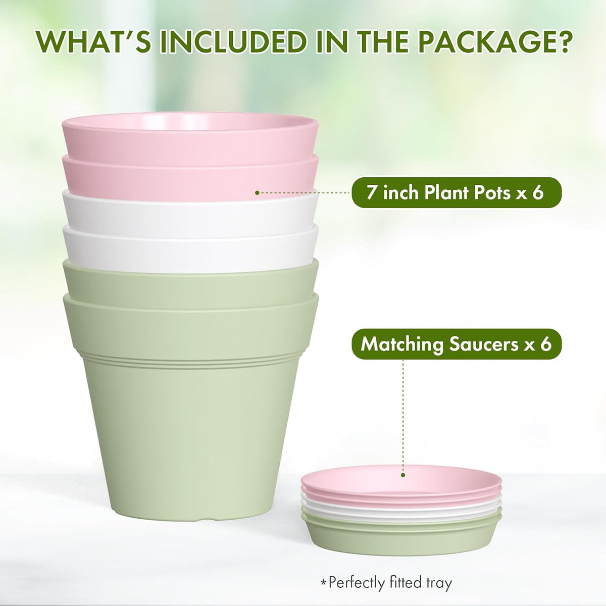 7 Inch Thick Plastic Plant Pots with Drainage Holes and Trays – 6 Pack Nursery Pots for Indoor &