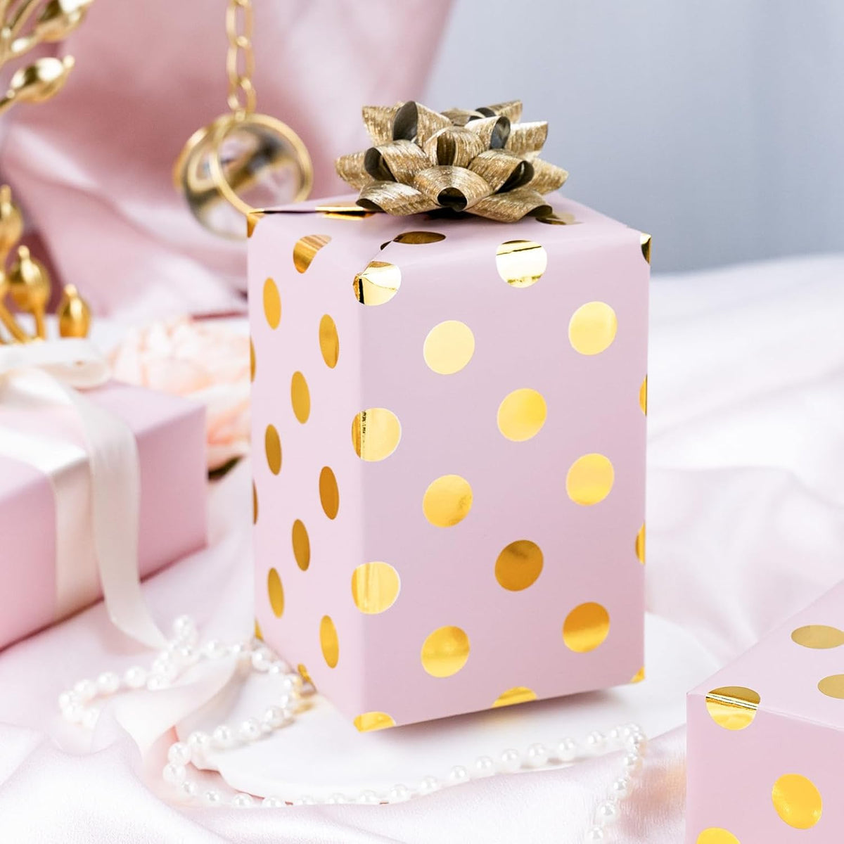 Burymento Pink and Gold Dots Wrapping Paper, Reversible Pink Gift Wrap for Birthday, Valentines