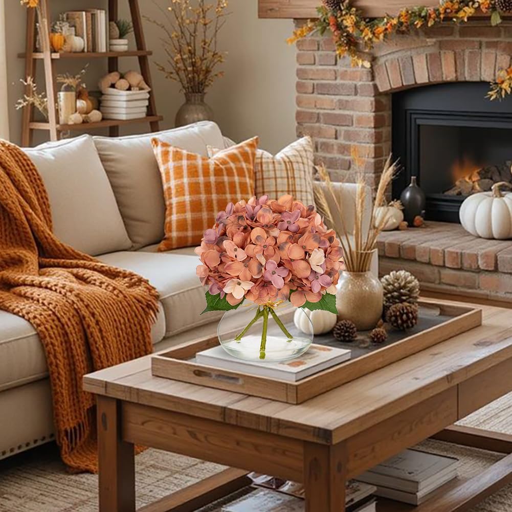 Hollyone Fall Hydrangea Artificial Flowers for Decoration with Glass Vase Dark Peach Autumn Silk