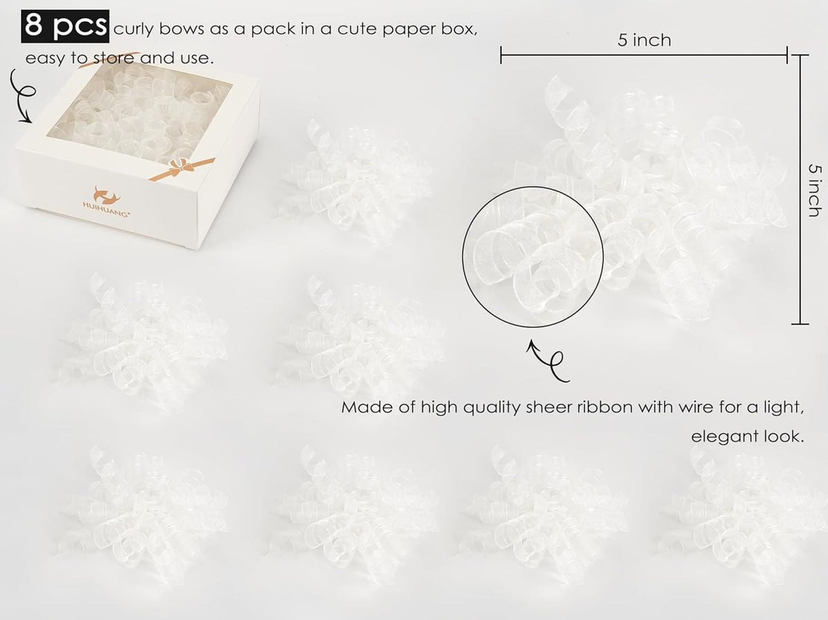HUIHUANG White Bows for Gift Wrapping Christmas Curly Gift Bows 5 inch x 8 Counts Self-Adhesive