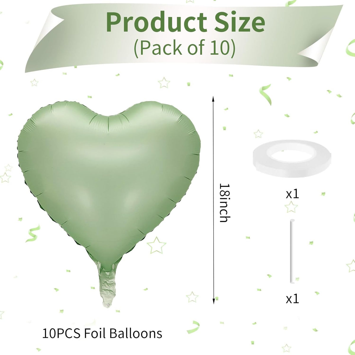 Sage Green Heart Balloon, 10PCS Green Foil Heart Balloons, 18inch Olive Green Heart Shape Balloons