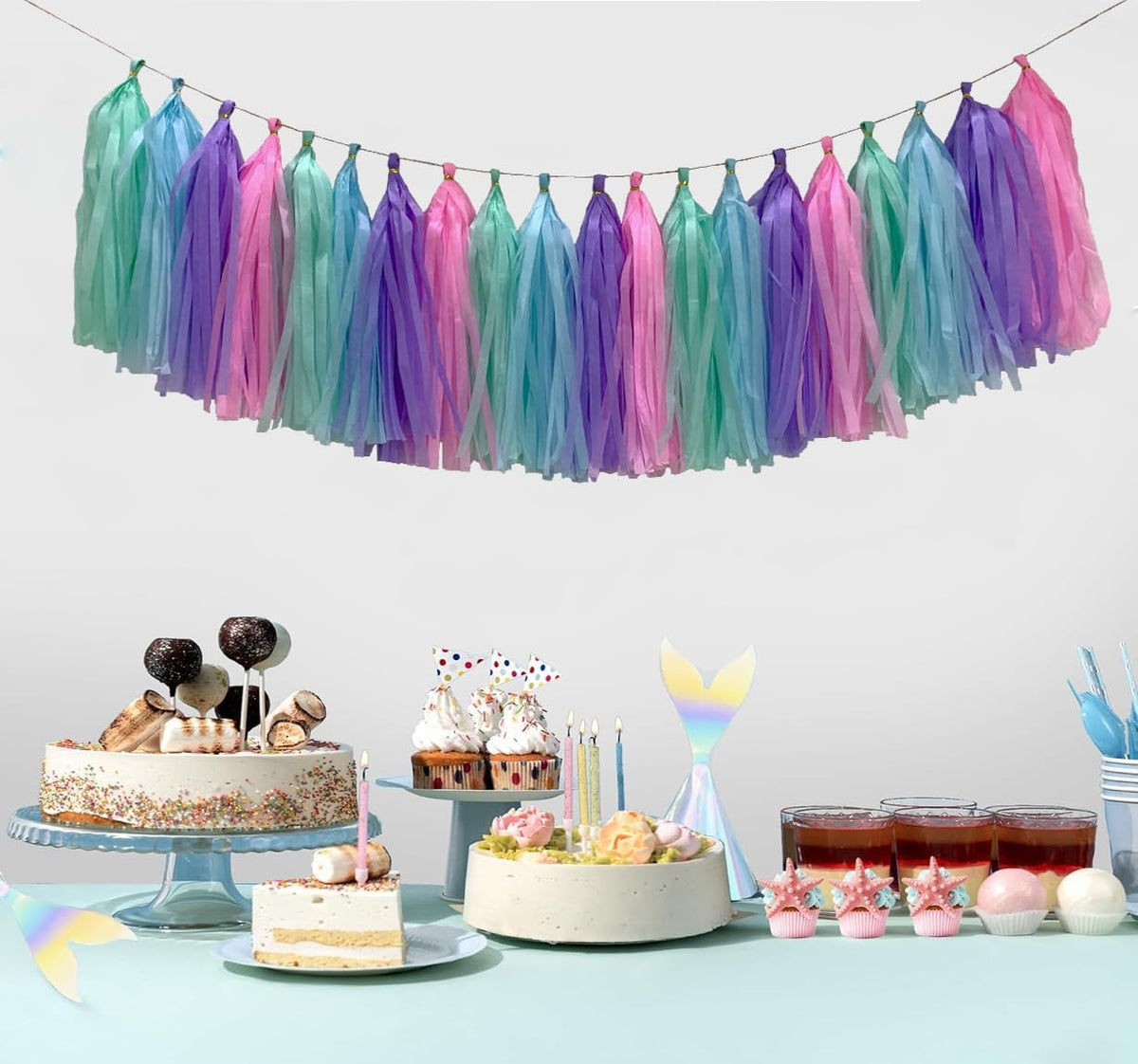 Blue Purple Mint Green Pink Tissue Paper Tassel Garland,Tissue Tassel Banner for Party