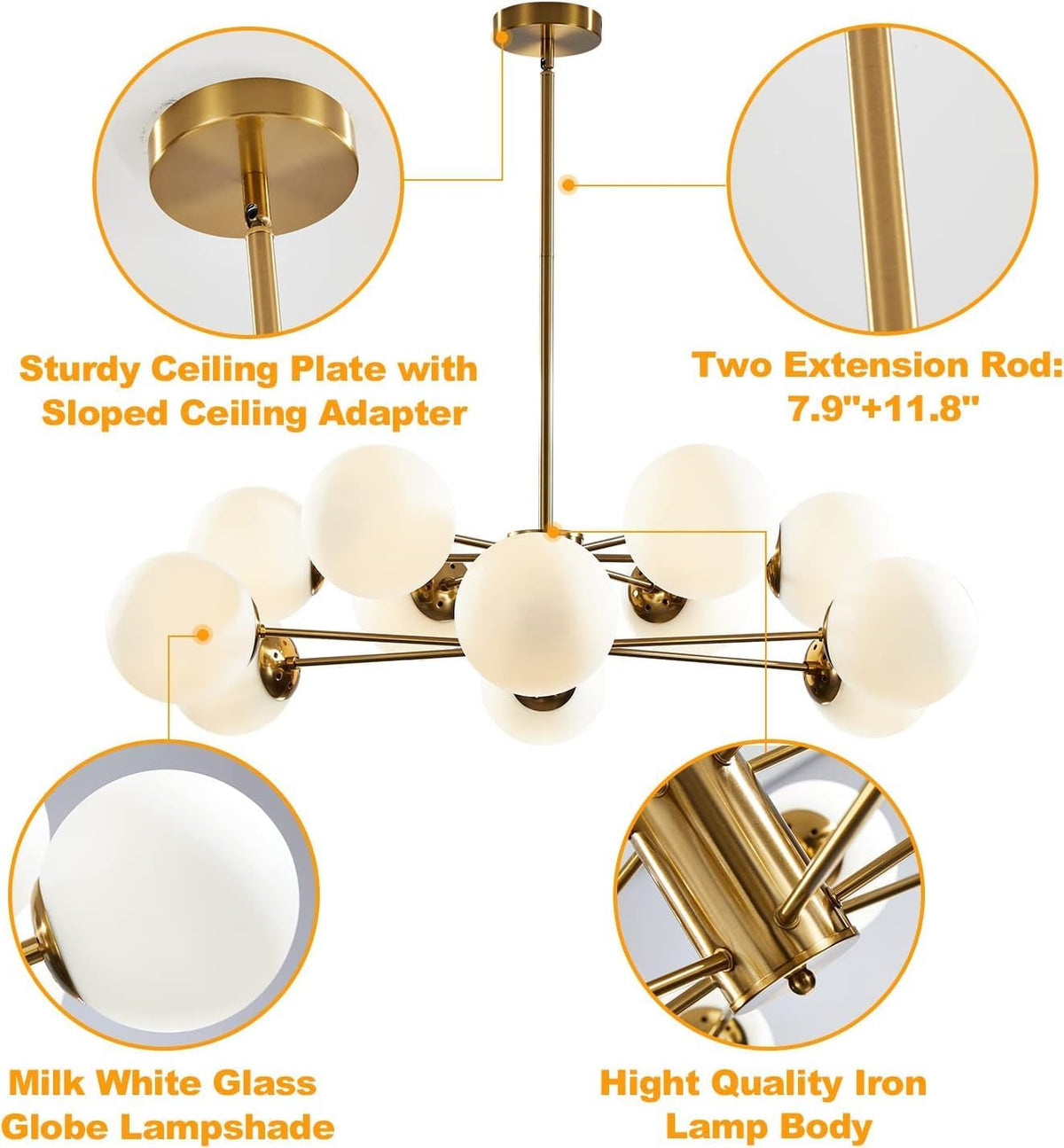 KCO Lighting 12-Light Glass Globe Sputnik Chandelier Light Fixture Mid Century Modern Chandeliers