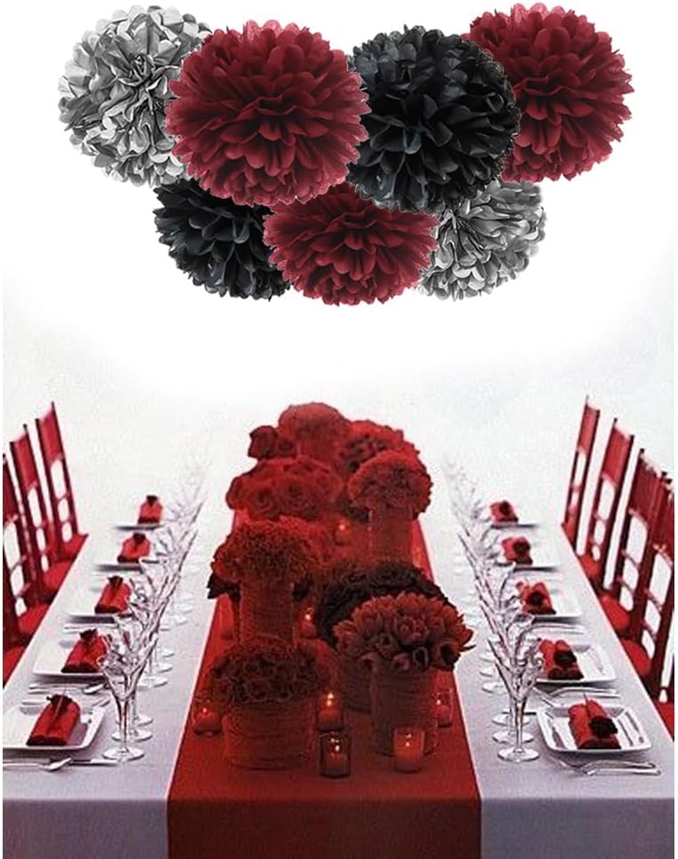 Burgundy Silver Black Tissue Paper Pom Poms Flower for Birthday Wedding Graduation Retirement Party