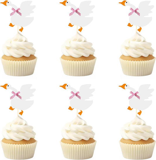 12PCS Silly Goose Cupcake Toppers, Funny Goose Birthday Cake Decorations White Goose Baby Shower
