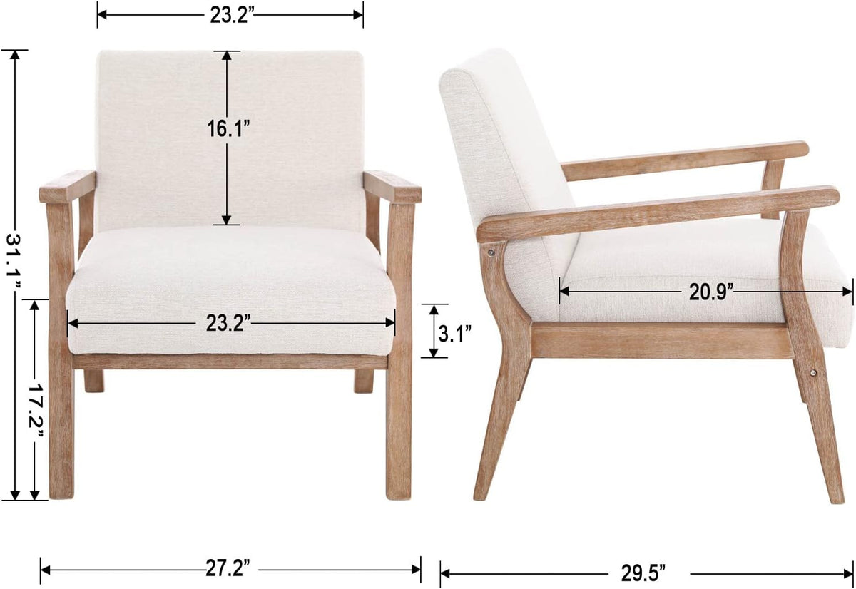 Mid Century Modern Accent Chair Set of 2, Linen Upholstered Living Room Accent Armchair with Wood