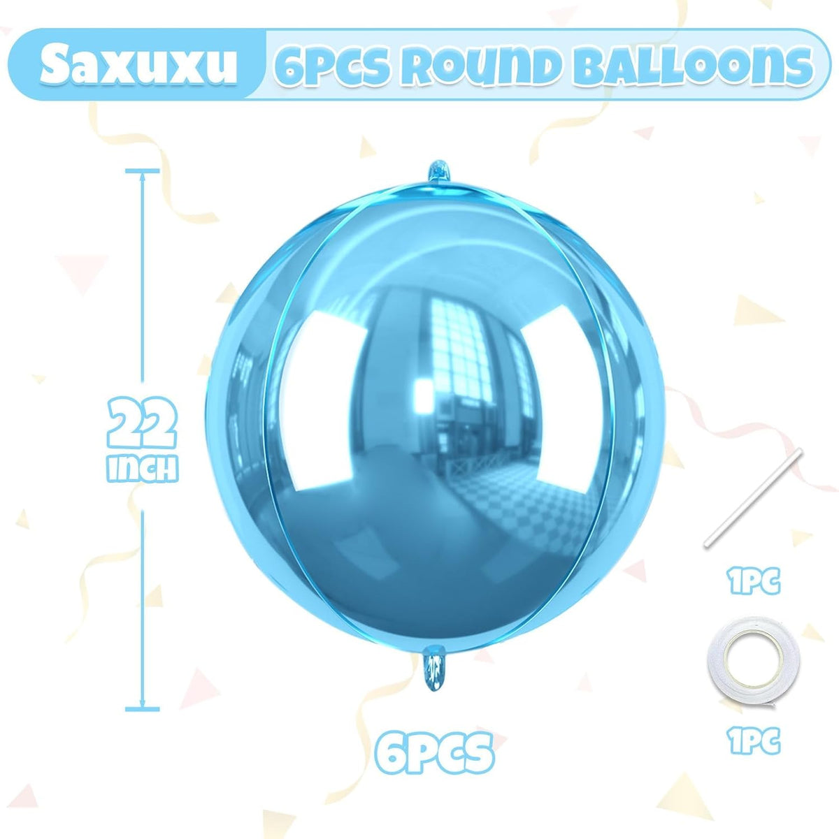 Blue Giant 4D Foil Balloons, Saxuxu 6Pcs Large Metallic Blue Round Balloons, 22 Inch Big Round Foil