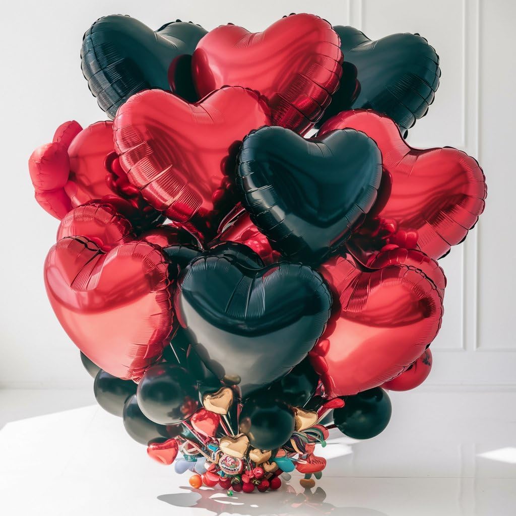 Red Black Heart Balloons, 18 Inch Red and Black Heart Shape Balloon, 12PCS Black Red Helium Foil