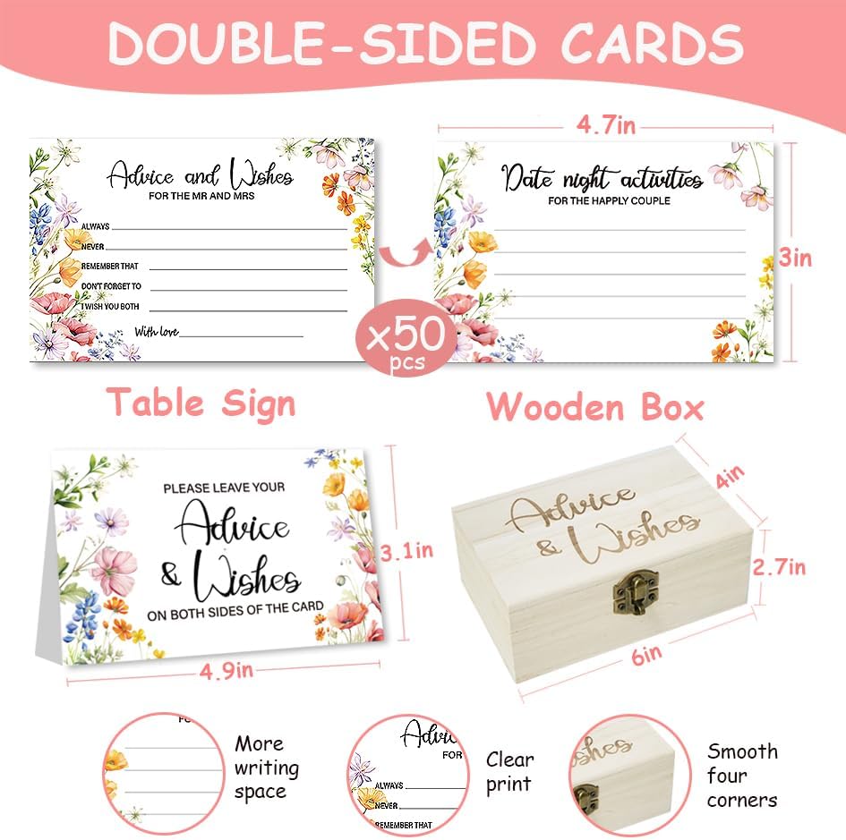 50Pcs Flower Wedding Advice Cards for Bridal Shower Games, Wildflower Advice and Wish Cards Box for