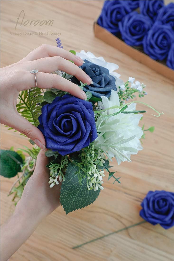 Floroom Artificial Flowers 50pcs Real Looking Royal Blue Foam Fake Roses with Stems for DIY Wedding