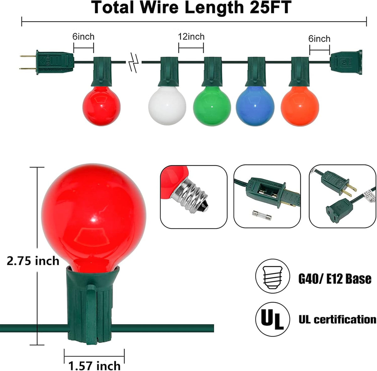 SUNSGNE 25Ft Outdoor Multicolor Christmas Lights, G40 Globe Patio String Lights with 27 Ceramic