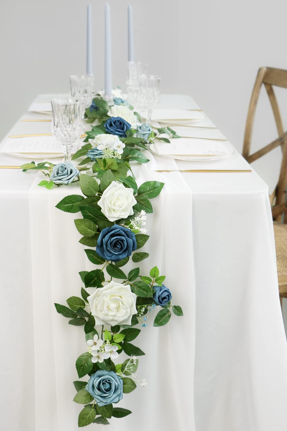PONATIA 5FT Handcrafted Artificial Rose Flower Garland, Dusty Blue Flowers Greenery Garland for