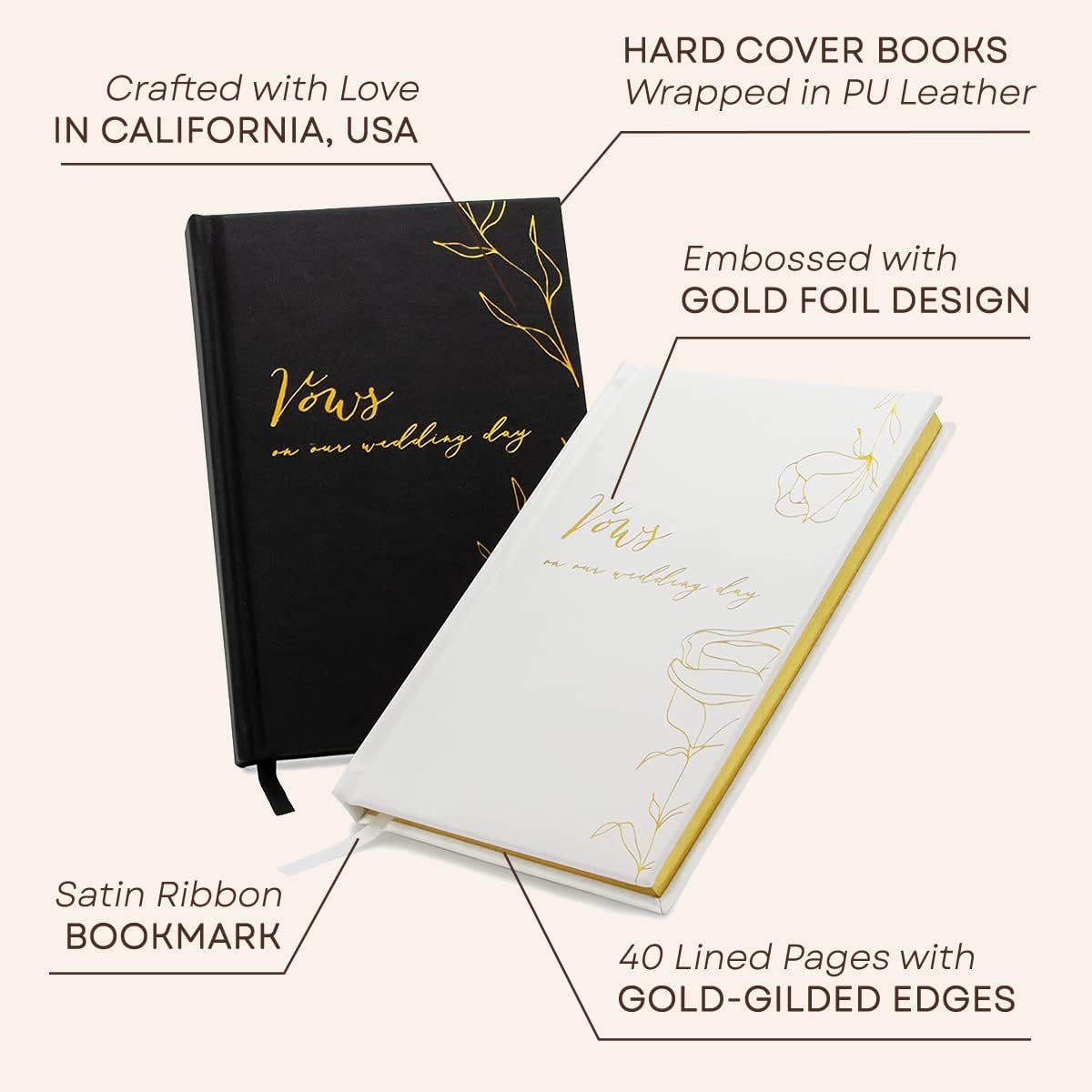 MUUJEE Vows On Our Wedding Day Vow Books (Set of 2) - Black and White Gold Foil Embossed Notebook