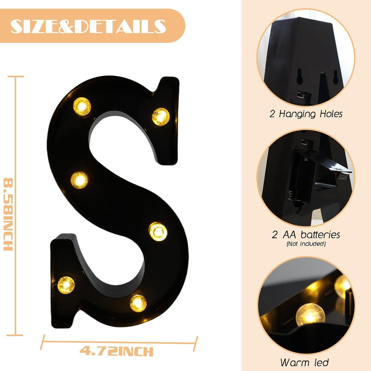 Led Marquee Letters, 8.58 Inch Black Light Up Letters, Small Led Letter Lights, Battery Powered
