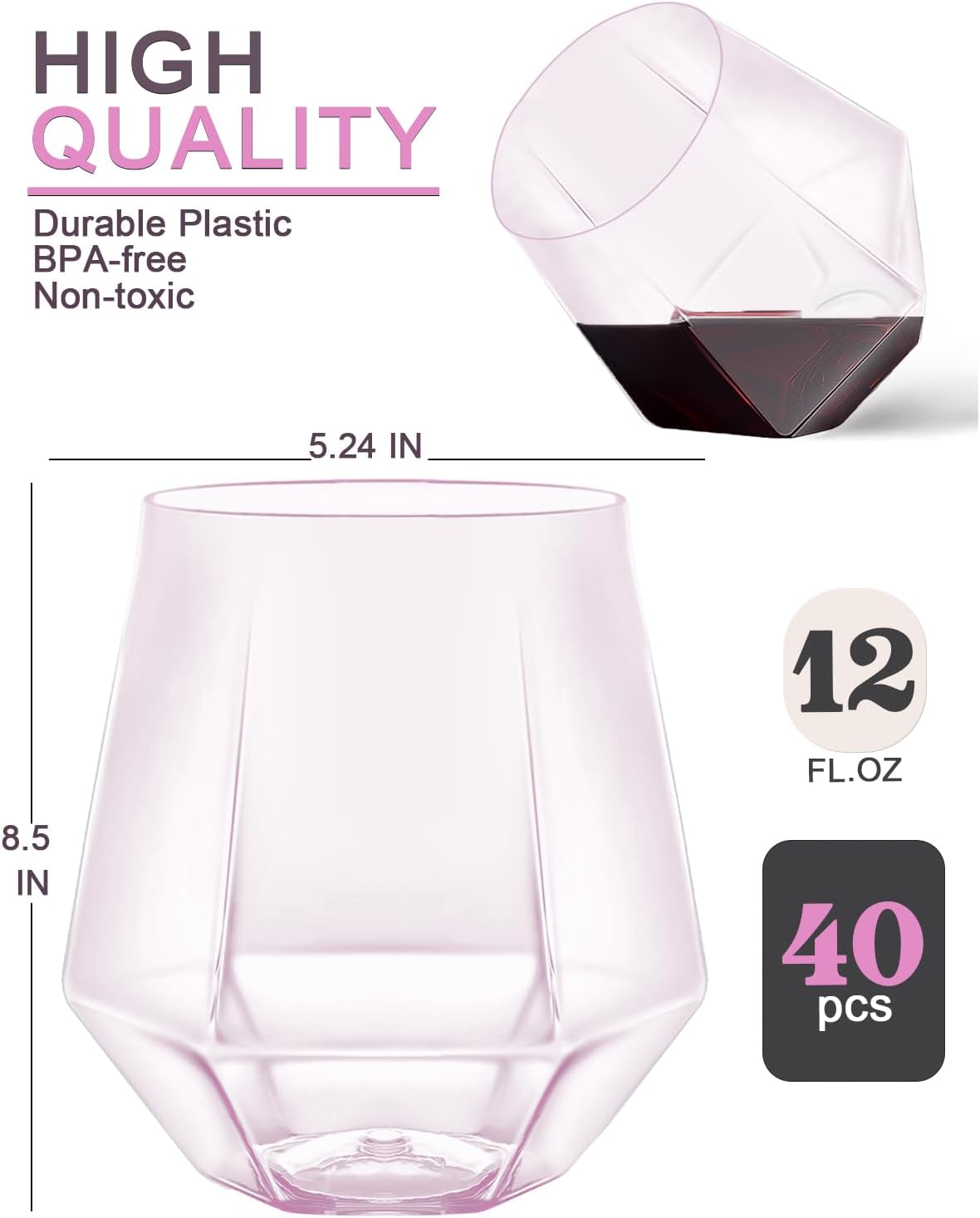 40 Pcak Plastic Stemless Wine cocktail Whiskey Champagne Glasses, 12 Oz Disposable Unbreakable Cups